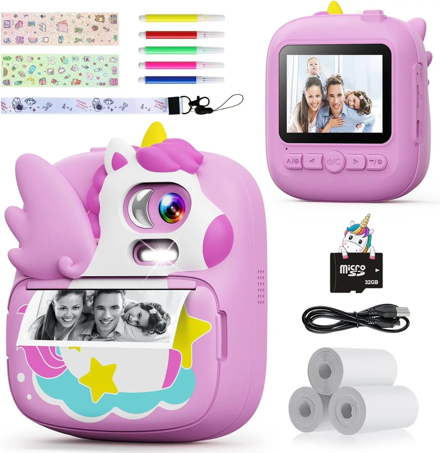 Appareil Photo Instantané Enfants CAMCLID 12MP + Impression 2,4" - Violet Licorne Avec Carte 32Go & Papier Photo - Cadeau 3-12 Ans
