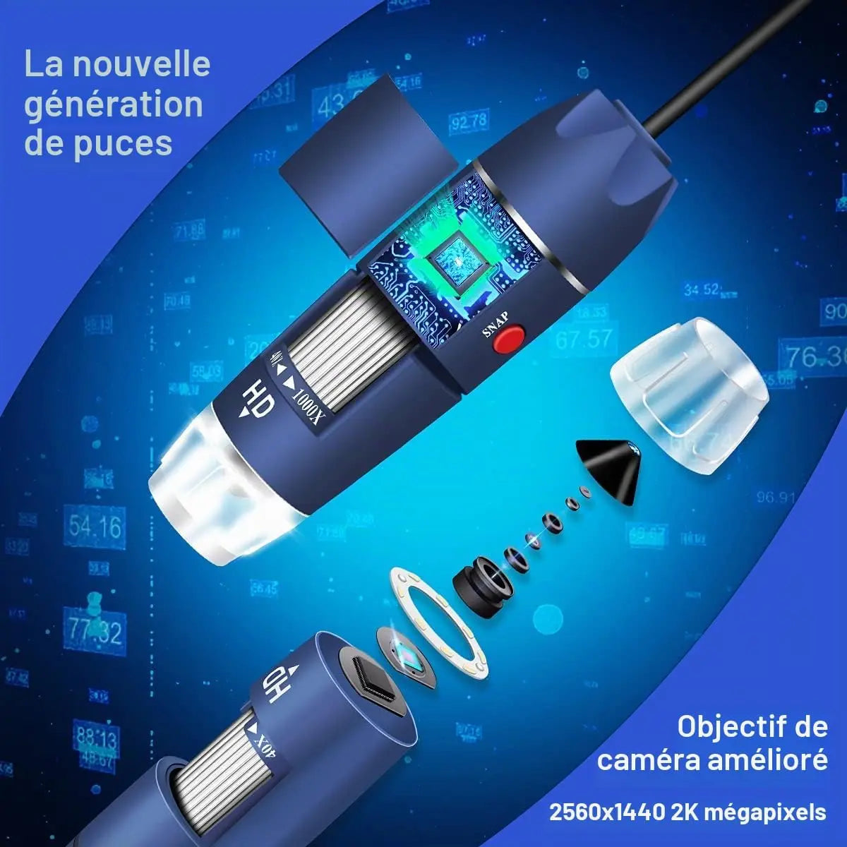 Microscope numérique Cainda Microscope numérique USB HD 2K 2560x1440 – 40X à 1000X, support et étui de transport Cainda