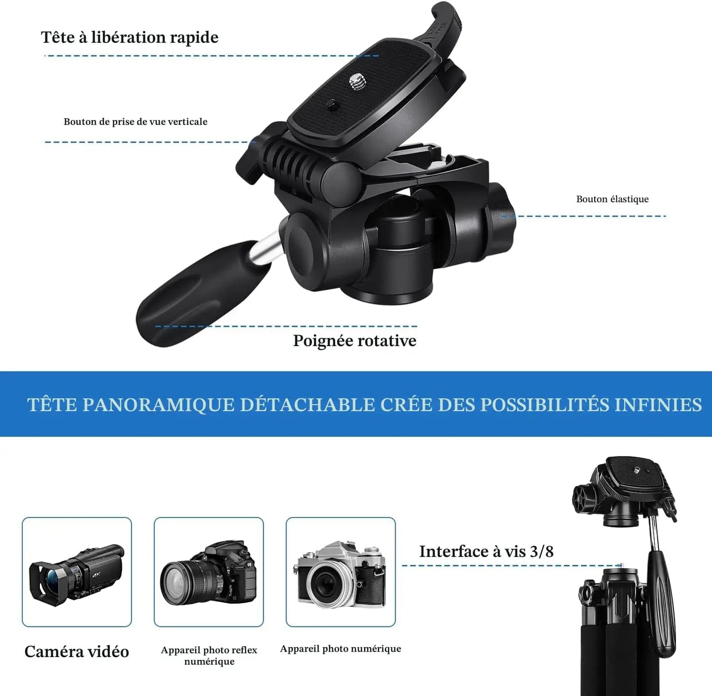 Trépied JOILCAN Trépied 187cm pour Appareil Photo – Aluminium Professionnel avec Tête Pan Amovible AH75 JOILCAN