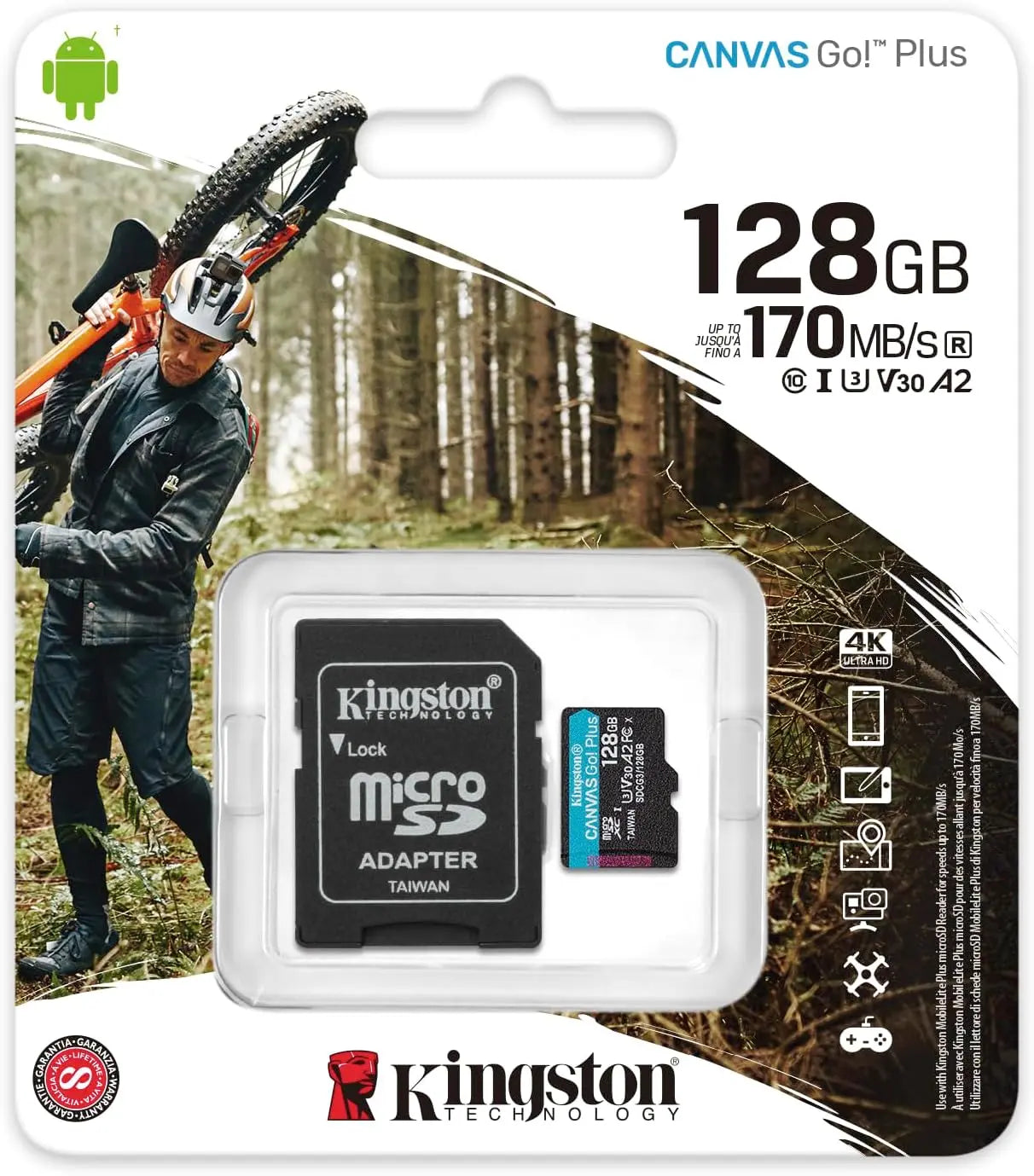 Carte mémoire Kingston Canvas Go Plus — Carte microSDXC 128 Go | 200 Mo/s | Gen4 | A2 U3 V30 + Adaptateur SD Kingston