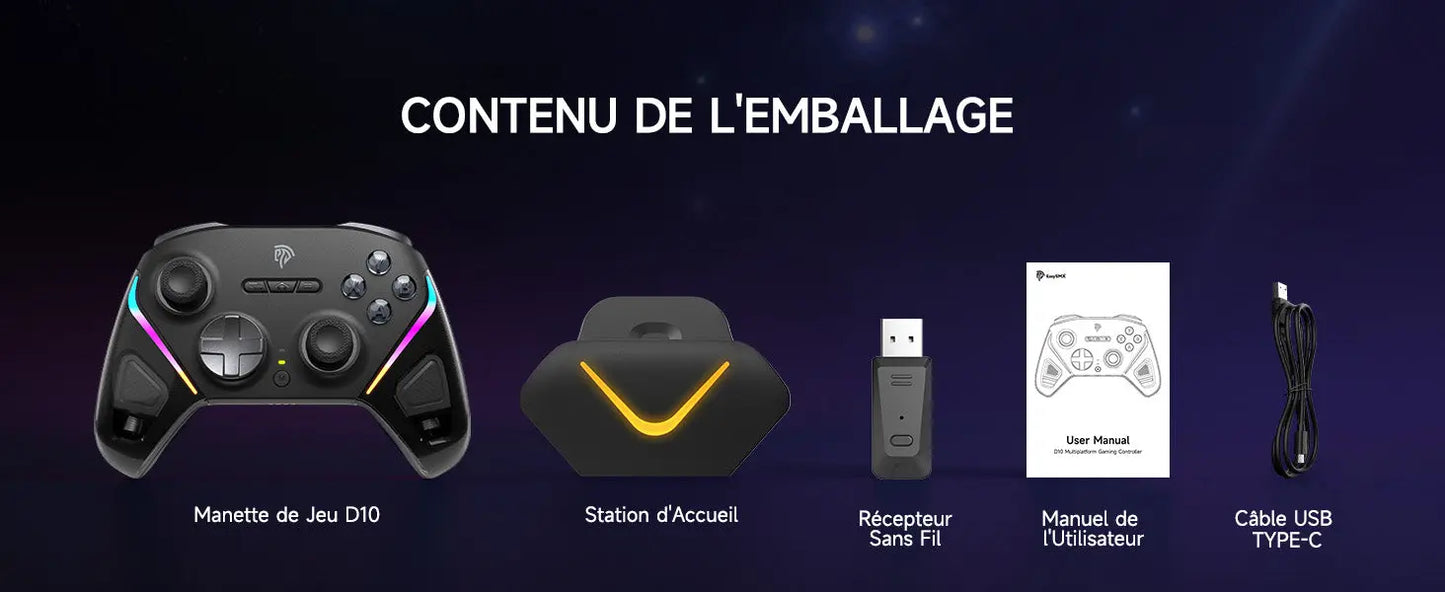 Accessoires gaming 🎮 Manette EasySMX D10 RGB Sans Fil - Station de Charge Incluse | Switch 2/PC/Android/iOS - Joystick TMR Pro EasySMX