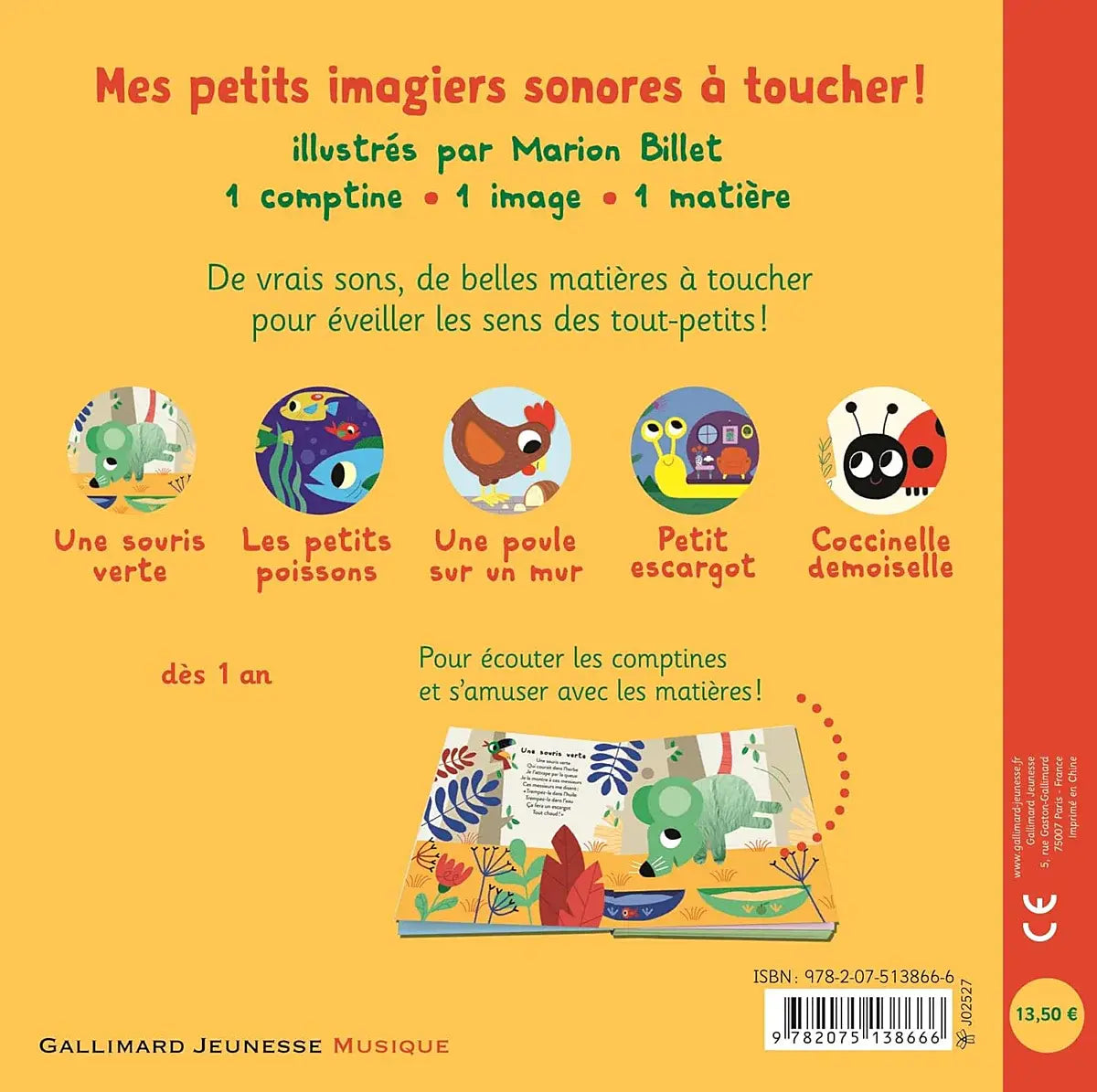 Dos de Mes comptines à toucher volume 1, présentant les cinq comptines et l’ISBN 9782075138666