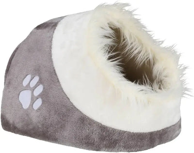 Niche grotte pour chat Trixie Calida grise avec intérieur en peluche blanche et bord fourrure