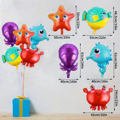 Décoration fête Prasacco – 5 Ballons Animaux Marins – Déco Anniversaire Fond de la Mer – Hippocampe, Étoile de Mer, Poisson Ballon, Crabe, Pieuvre Prasacco
