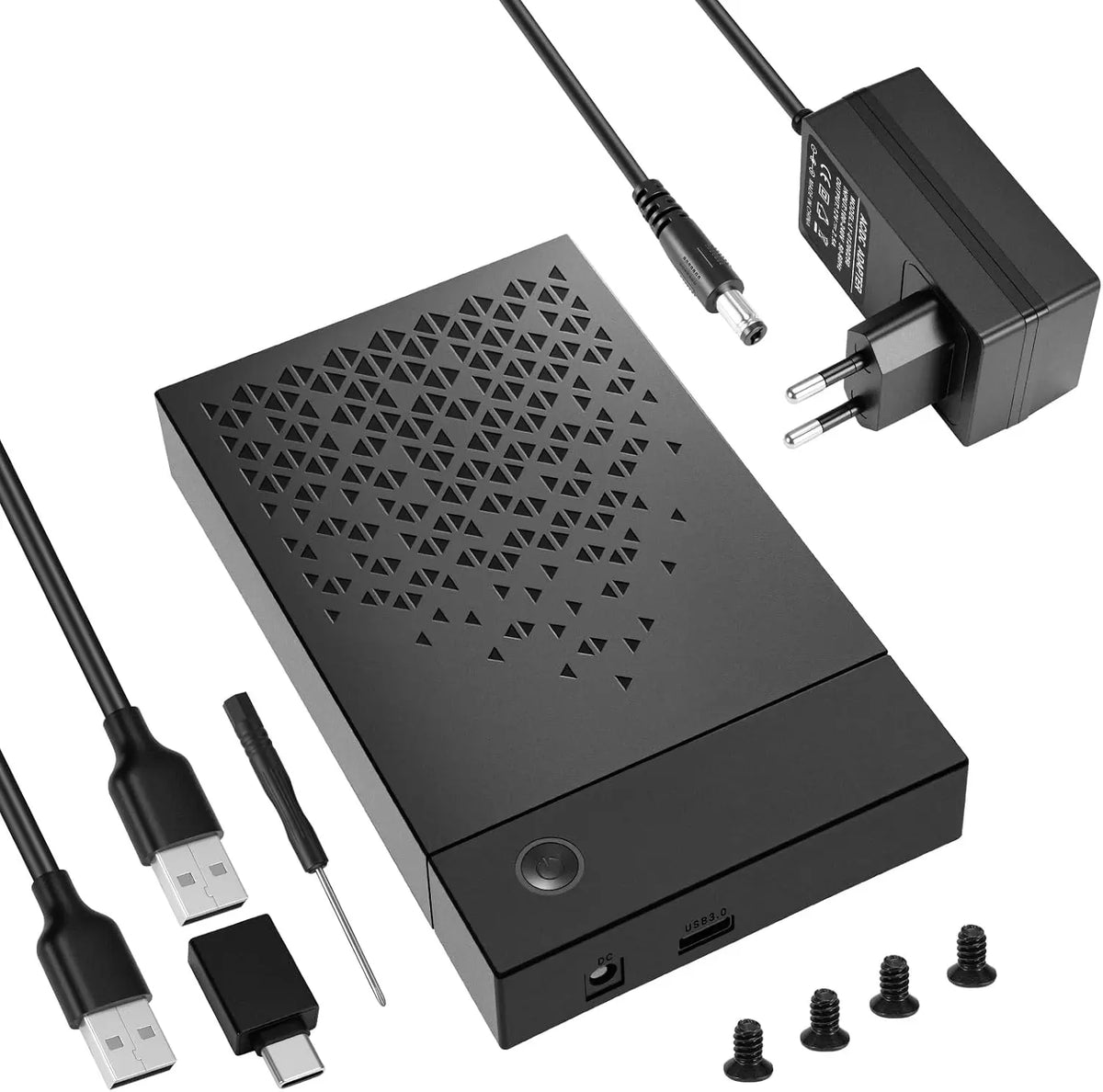 Boîtier noir ventilé avec alimentation secteur, câble USB, adaptateur USB-C, tournevis et quatre vis.