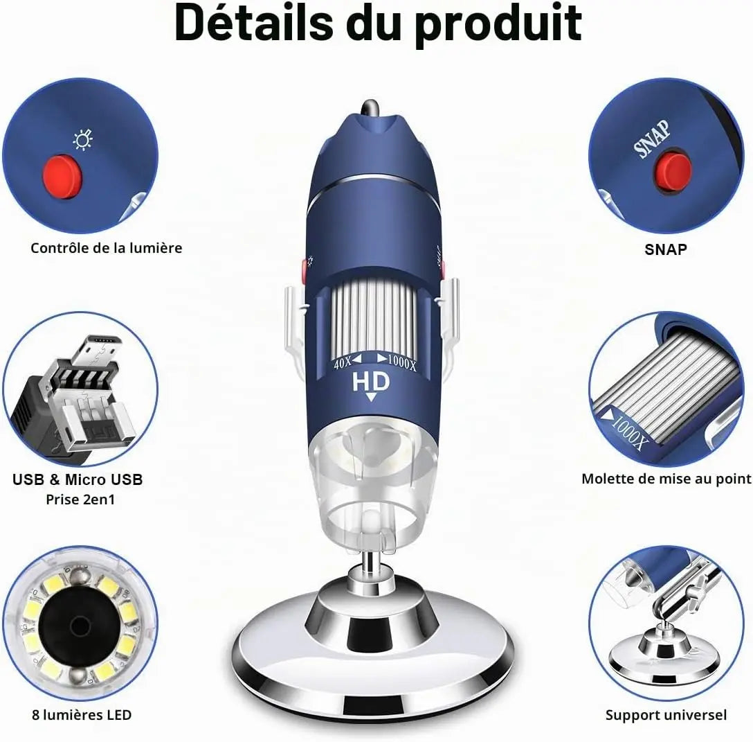 Microscope numérique Cainda Microscope numérique USB HD 2K 2560x1440 – 40X à 1000X, support et étui de transport Cainda