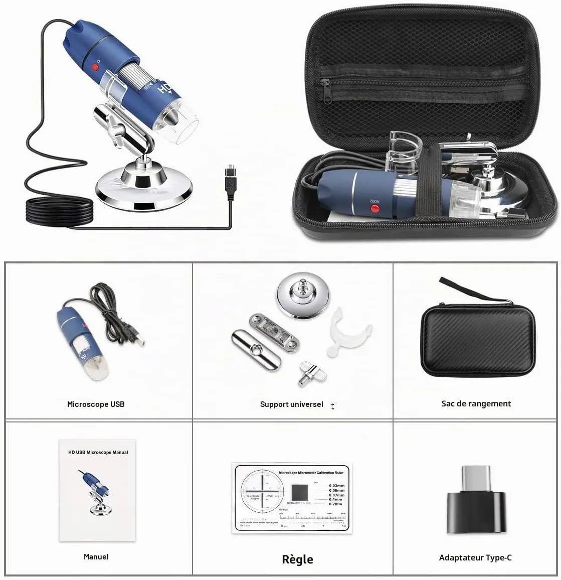 Microscope numérique Cainda Microscope numérique USB HD 2K 2560x1440 – 40X à 1000X, support et étui de transport Cainda