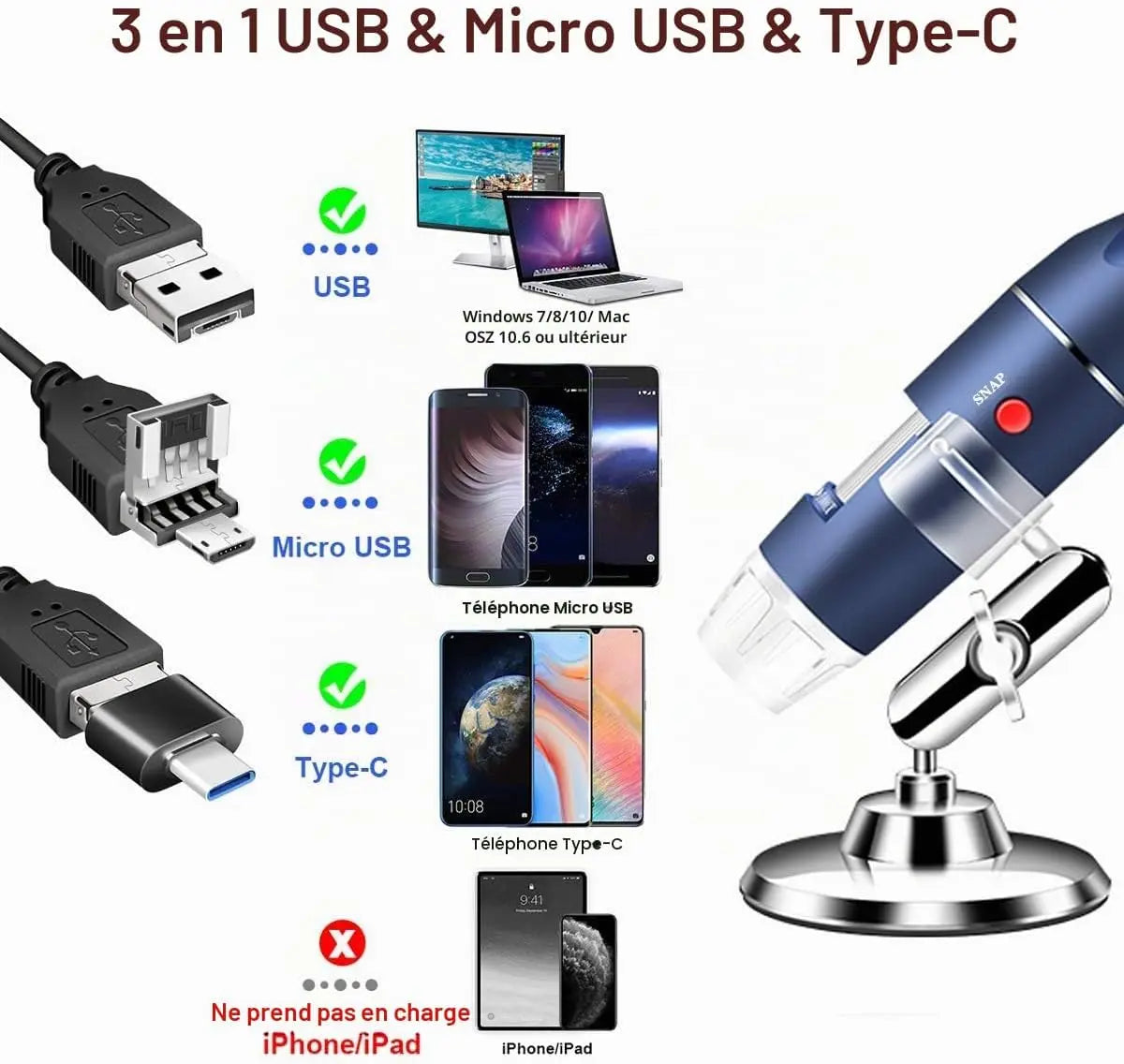 Microscope numérique Cainda Microscope numérique USB HD 2K 2560x1440 – 40X à 1000X, support et étui de transport Cainda