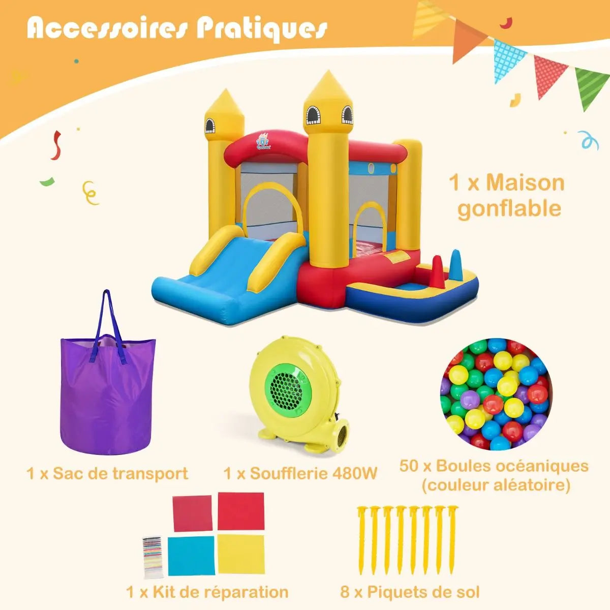 Jeux et Jouets Château Gonflable 6 en 1 avec Souffleur 480W - Maison de Saut pour Enfants Costway
