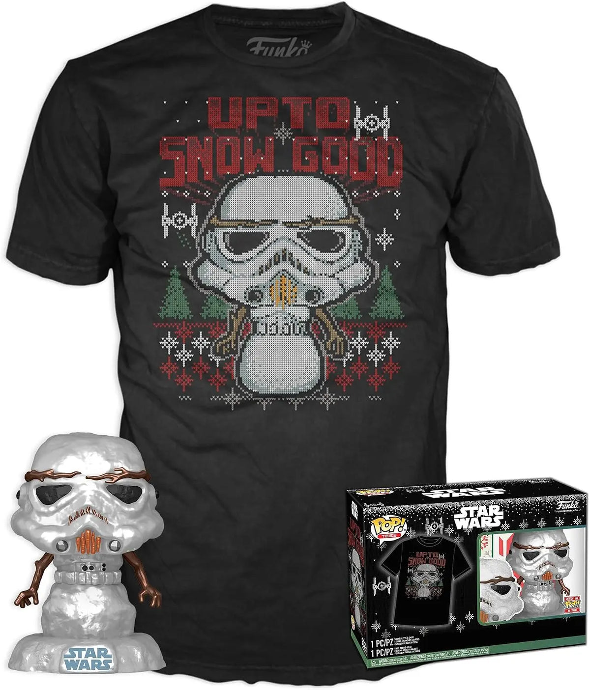 Figurines & Vêtements Coffret Funko Pop! & Tee : Star Wars Holiday Snowman Stormtrooper Métallique – Taille M Funko