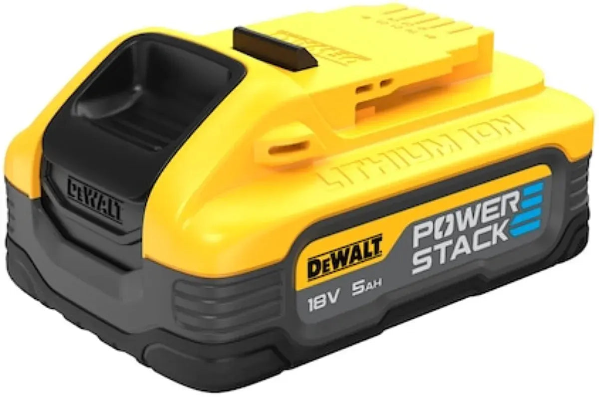 Batterie DEWALT POWERSTACK 18 V 5 Ah, vue de trois quarts