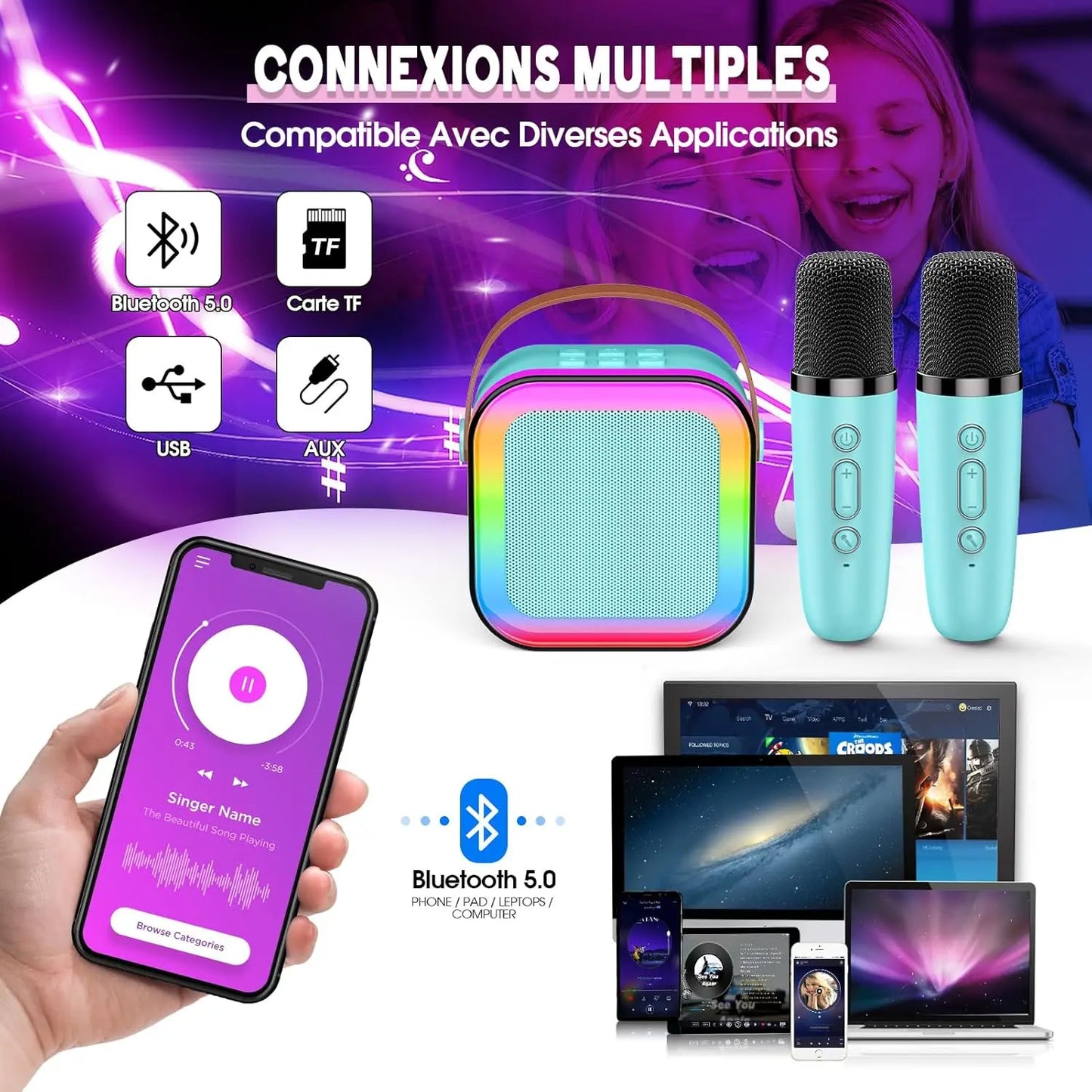 Jouets & Jeux Dislocati — Micro Karaoké Enfant Bluetooth | LED | Haut-parleur Intégré | Cadeau 3-12 Ans Dislocati