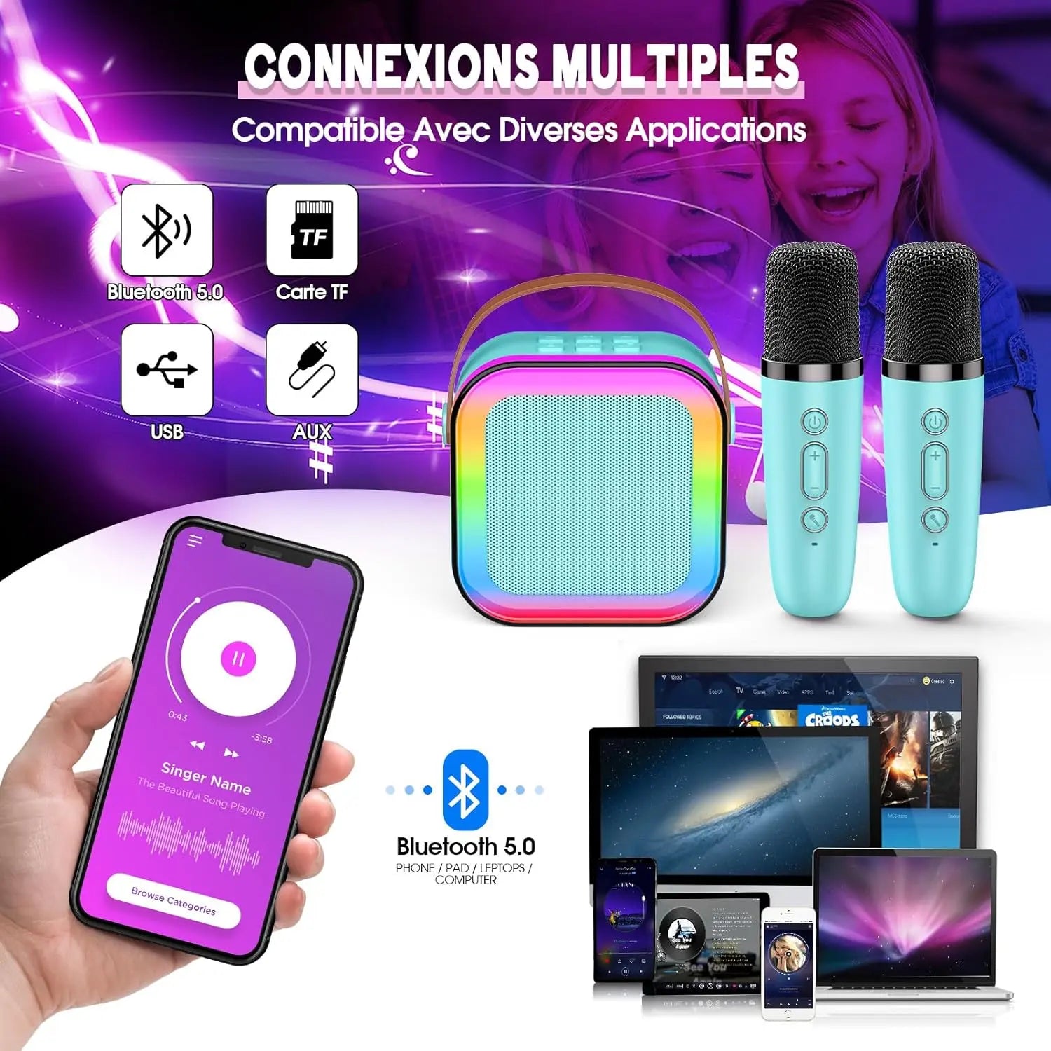 Jouets & Jeux Dislocati — Micro Karaoké Enfant Bluetooth | LED | Haut-parleur Intégré | Cadeau 3-12 Ans Dislocati