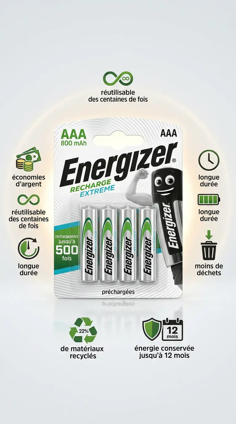 piles Energizer Recharge Extreme AAA — Lot de 4 Piles Rechargeables 800 mAh | Prêtes à l'emploi Energizer
