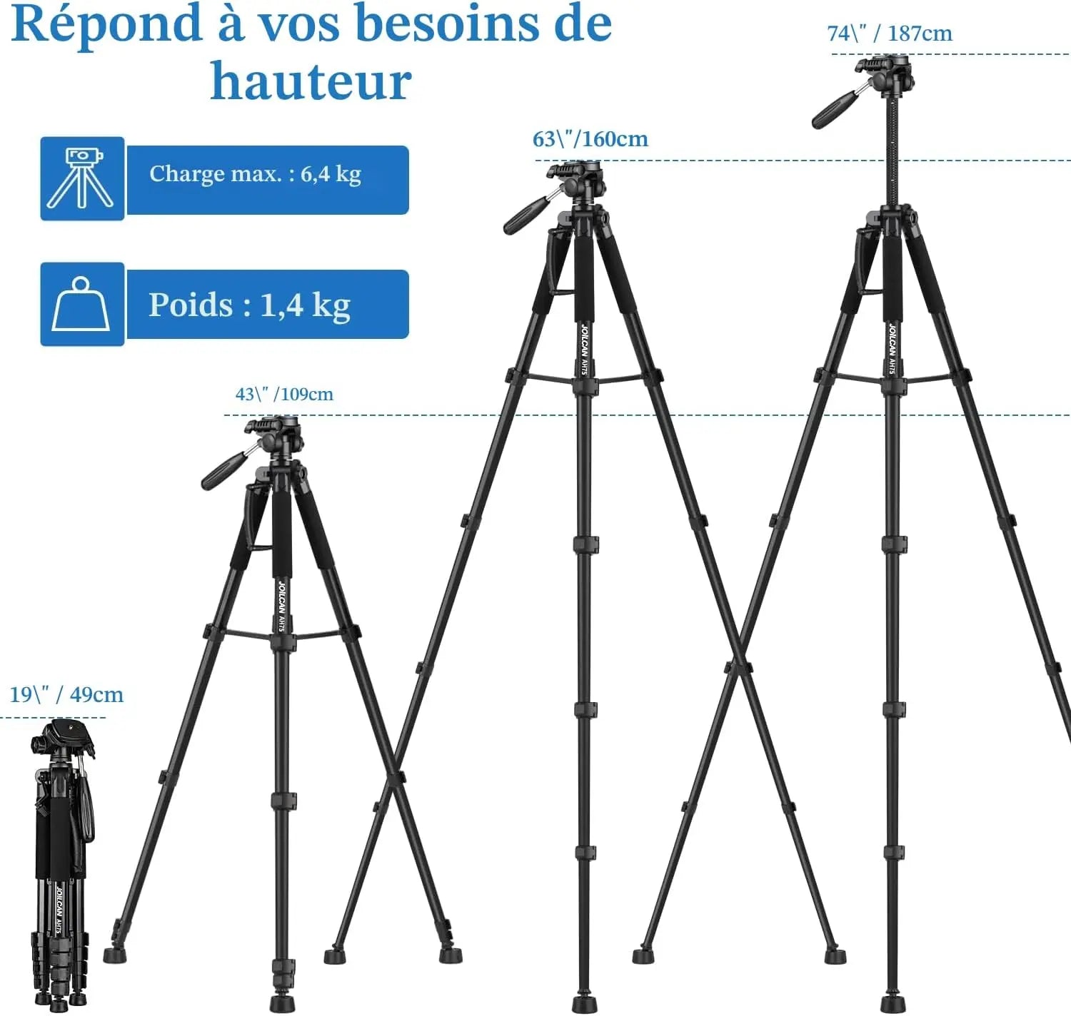 Trépied JOILCAN Trépied 187cm pour Appareil Photo – Aluminium Professionnel avec Tête Pan Amovible AH75 JOILCAN