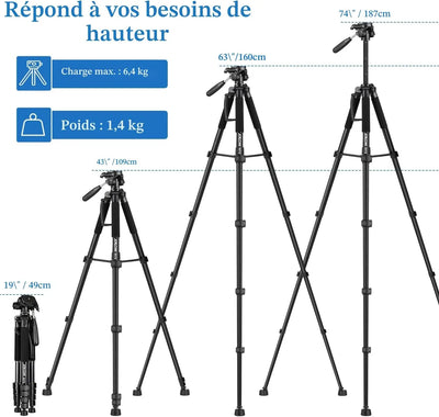 Trépied JOILCAN Trépied 187cm pour Appareil Photo – Aluminium Professionnel avec Tête Pan Amovible AH75 JOILCAN