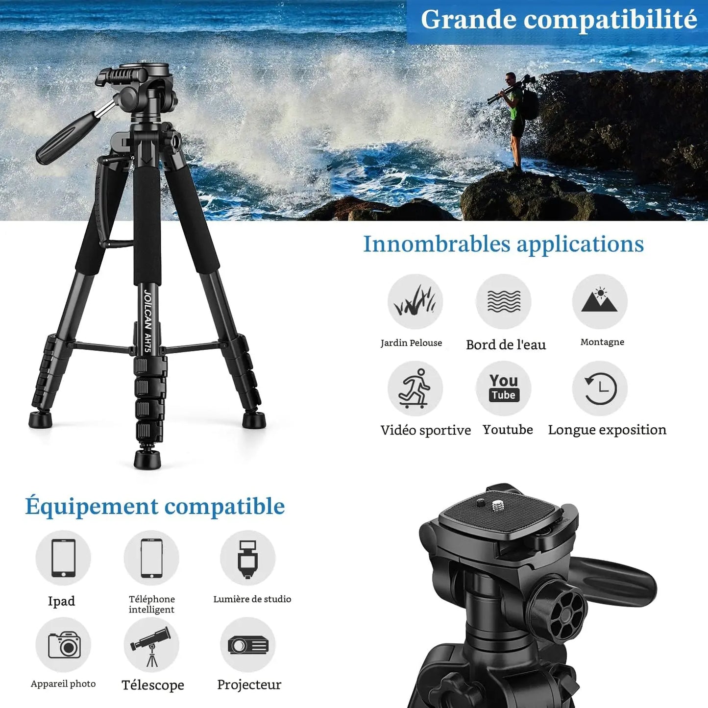 Trépied JOILCAN Trépied 187cm pour Appareil Photo – Aluminium Professionnel avec Tête Pan Amovible AH75 JOILCAN