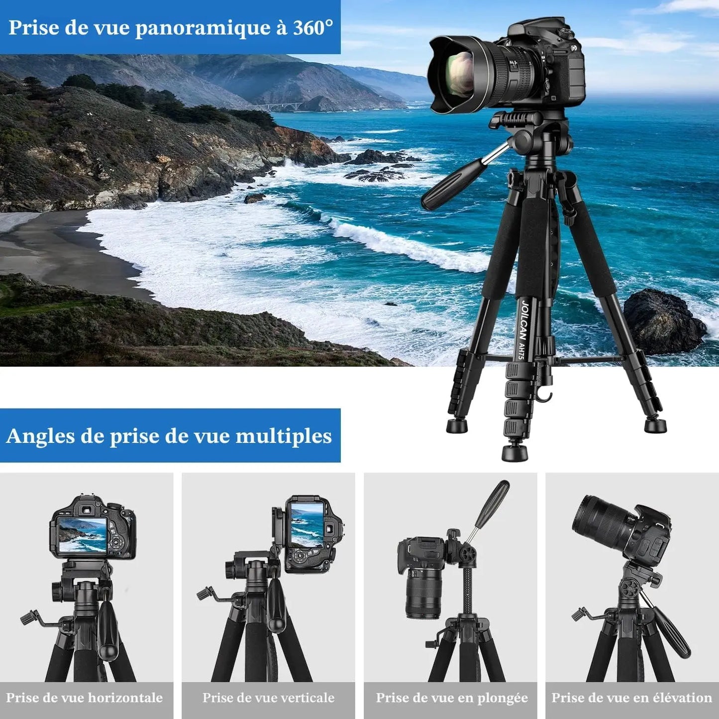 Trépied JOILCAN Trépied 187cm pour Appareil Photo – Aluminium Professionnel avec Tête Pan Amovible AH75 JOILCAN