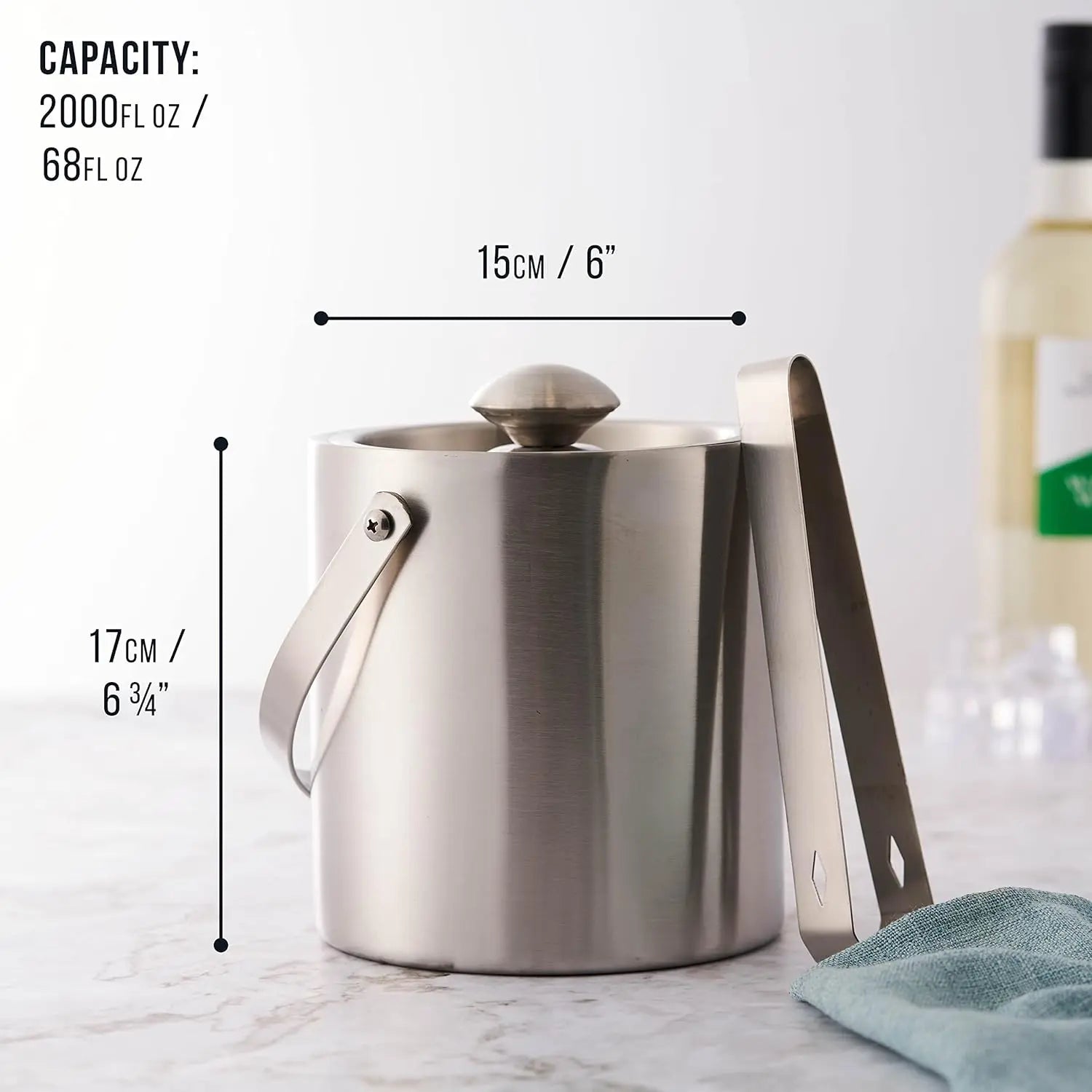 Cuisine & Art de la Table Oak & Steel — Seau à Glace Isotherme 2L en Inox | Couvercle + Pince | Champagne, Vin & Bière Oak & Steel