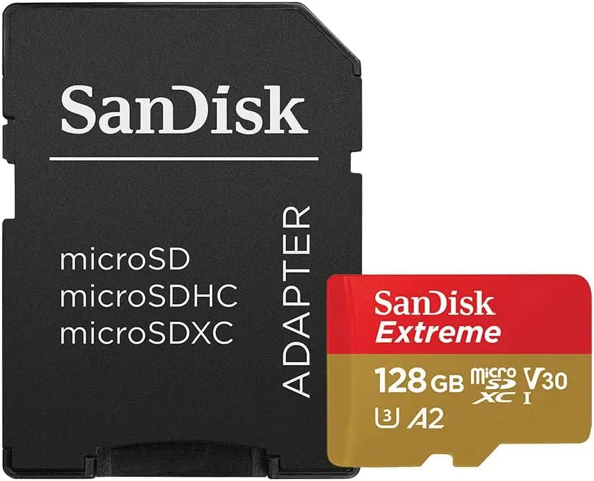 SD Card SanDisk Extreme microSDXC 128 Go – 160 Mo/s, Classe 10, U3, V30, A2 + Adaptateur SD SanDisk