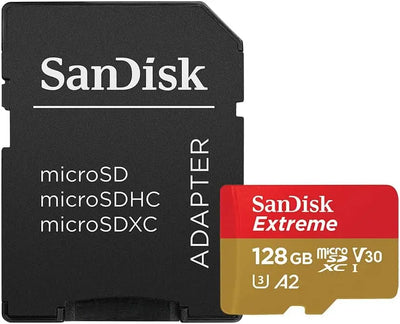 SD Card SanDisk Extreme microSDXC 128 Go – 160 Mo/s, Classe 10, U3, V30, A2 + Adaptateur SD SanDisk
