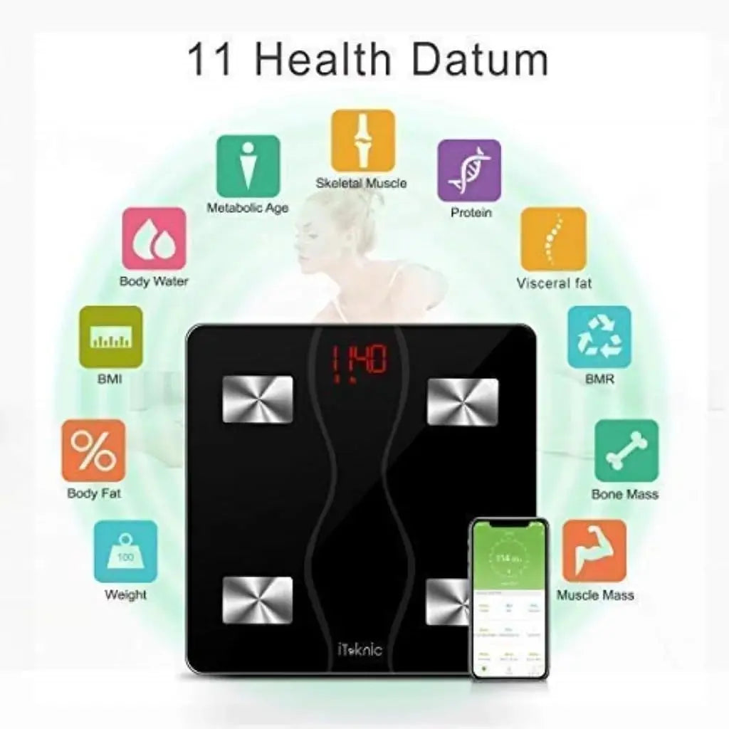 Balance Connectée & Sport iTeknic IK-PCA001 — Balance Connectée Smart Body Scale | Verre Trempé Noir | Occasion iTeknic